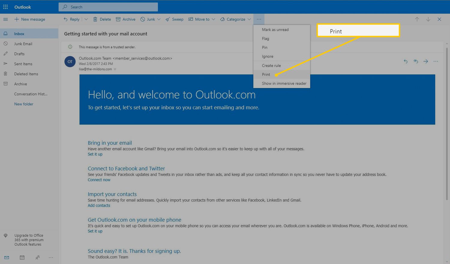 how to print email in outlook