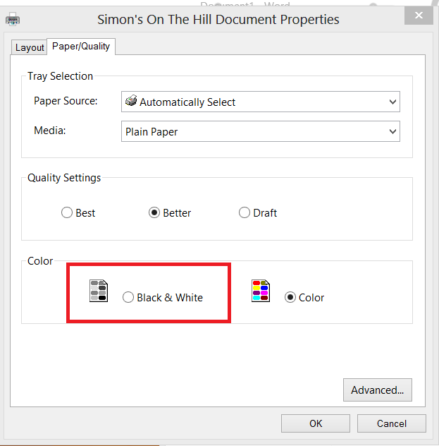 how to print black and white on word