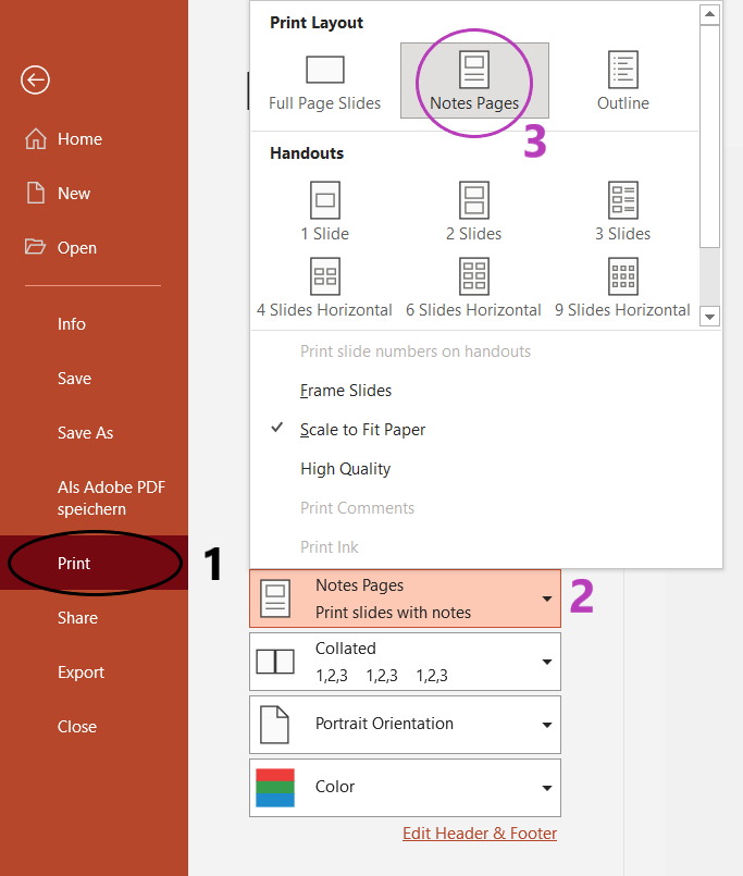 how to print a PowerPoint with notes?
